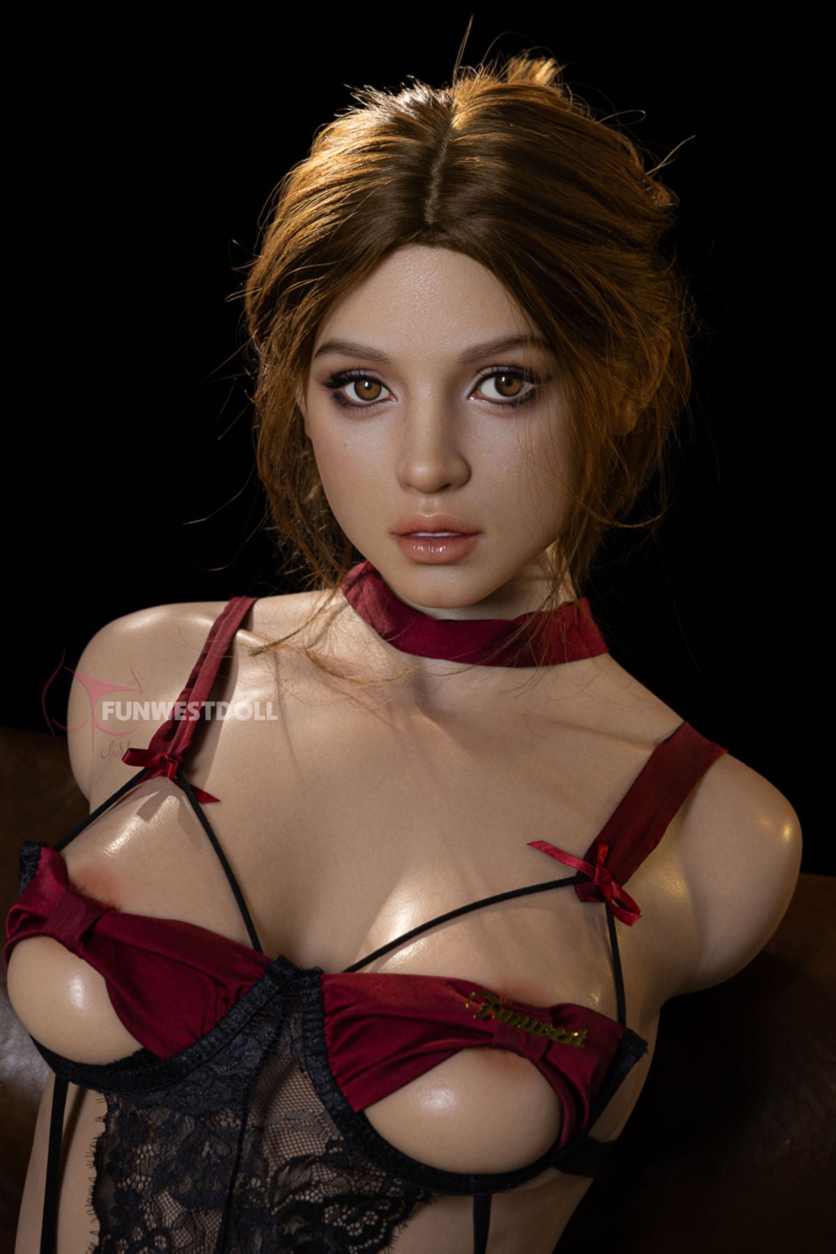 Close-up portrait of the FunWest Doll 113 cm D FWT Series Silicone Torso - Lyra wearing a red and black lace choker and harness.