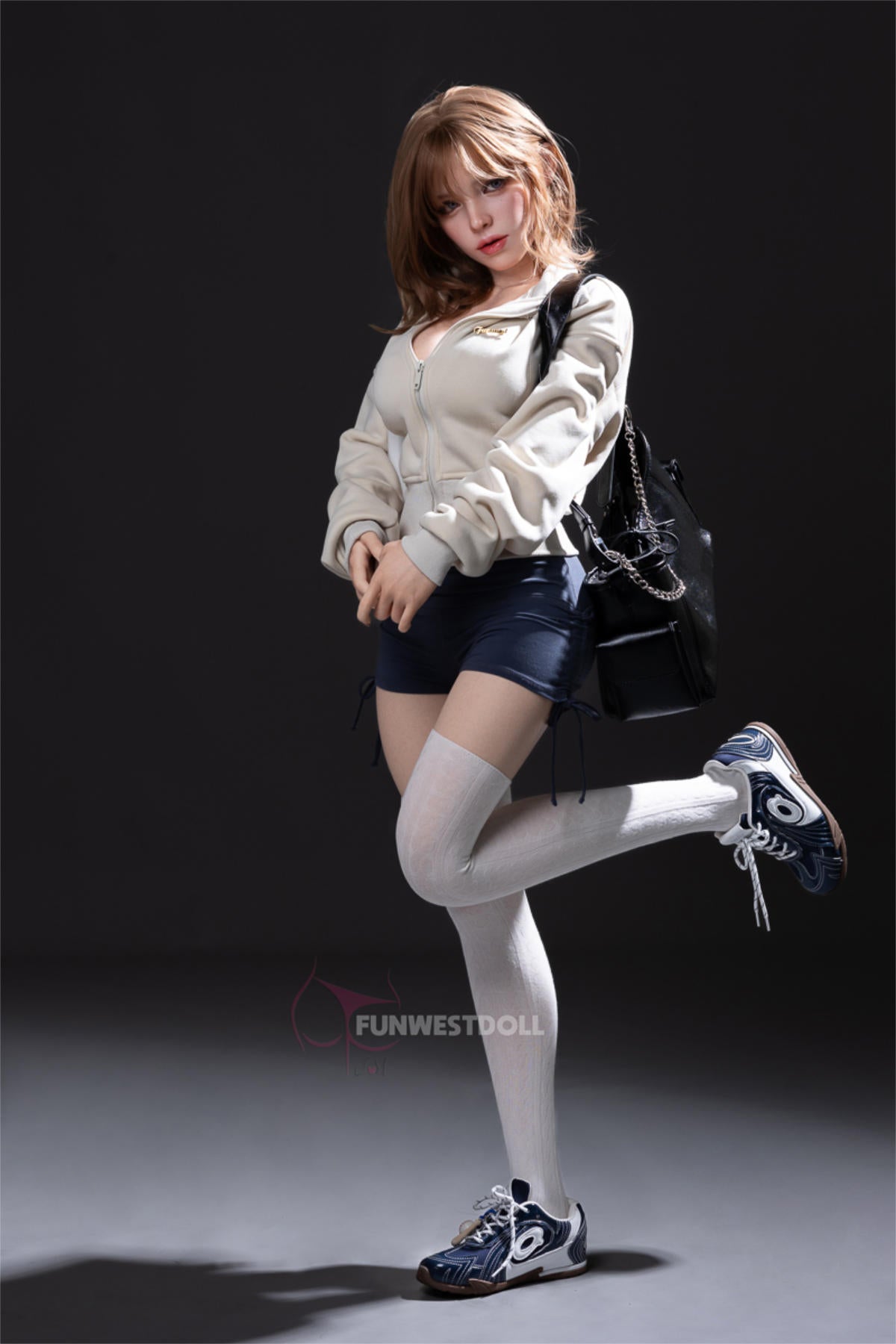 FunWest Doll 152 cm D Silicone - Thalia (Real Skin Texture) – playful pose with one leg raised, showing her flexible skeleton