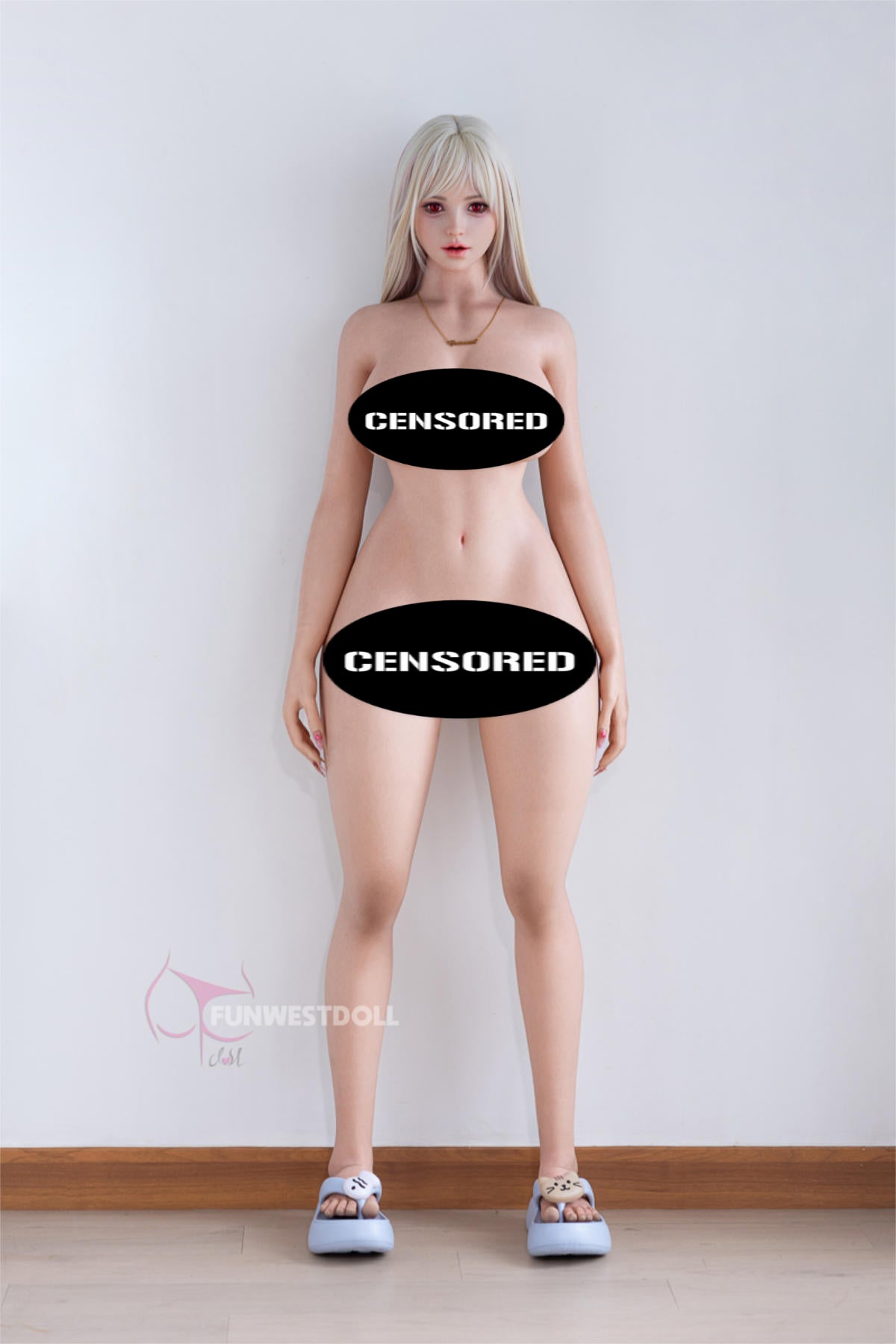 FunWest Doll 157 cm G Silicone - Lily (Real Skin Texture) nude full-body standing pose, platinum blonde hair down, plain white studio backdrop