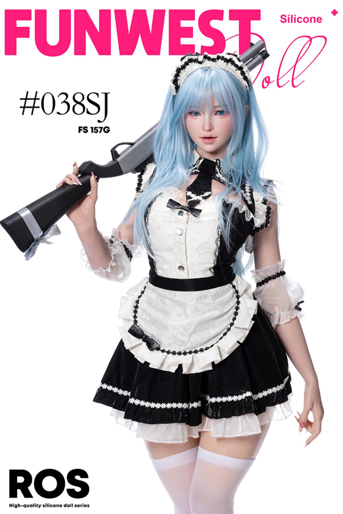 FunWest Doll 157 cm G Silicone - White Alice (Real Skin Texture) in a maid outfit with blue hair holding a rifle.