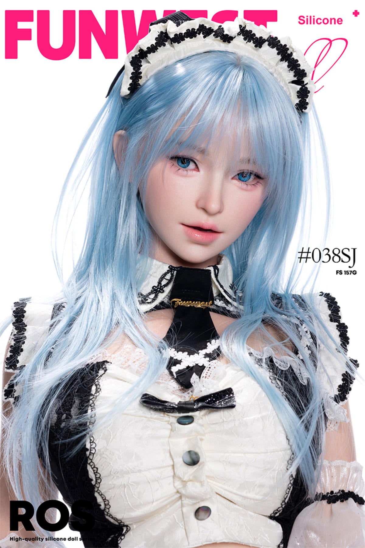 FunWest Doll 157 cm G Silicone - White Alice (Real Skin Texture) with blue hair and white outfit.