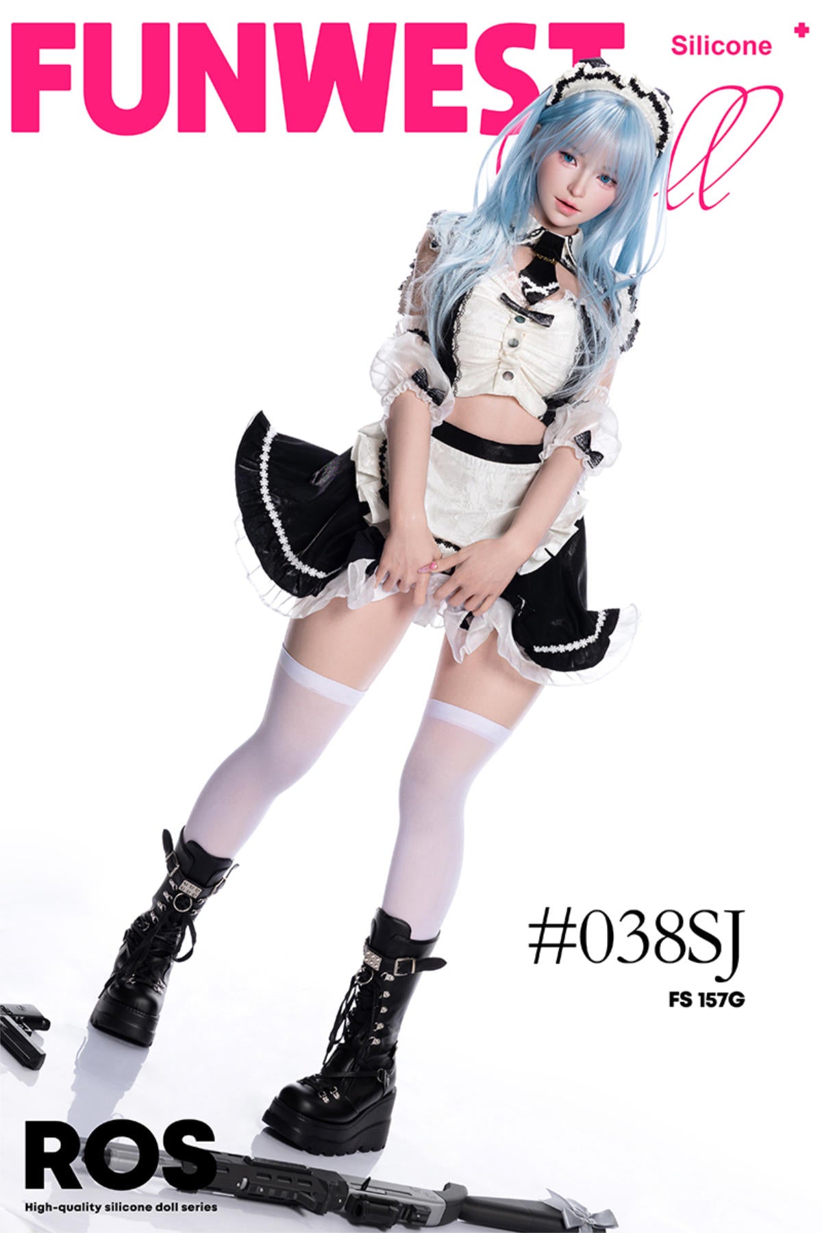 FunWest Doll 157 cm G Silicone - White Alice (Real Skin Texture) in a standing while wearing a maid outfit.