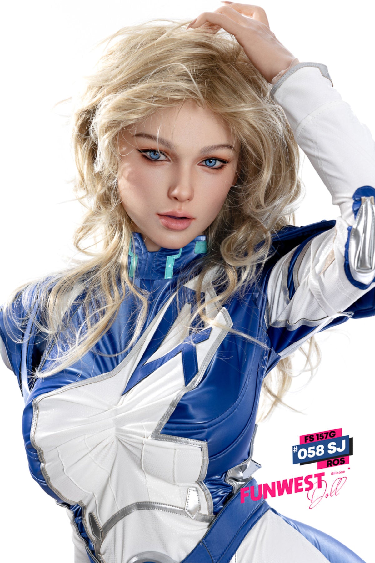 FunWest Doll 157 cm G Silicone - White Eloise (Real Skin Texture) full body standing front view in blue and white racing suit, long blonde wavy hair, neutral background
