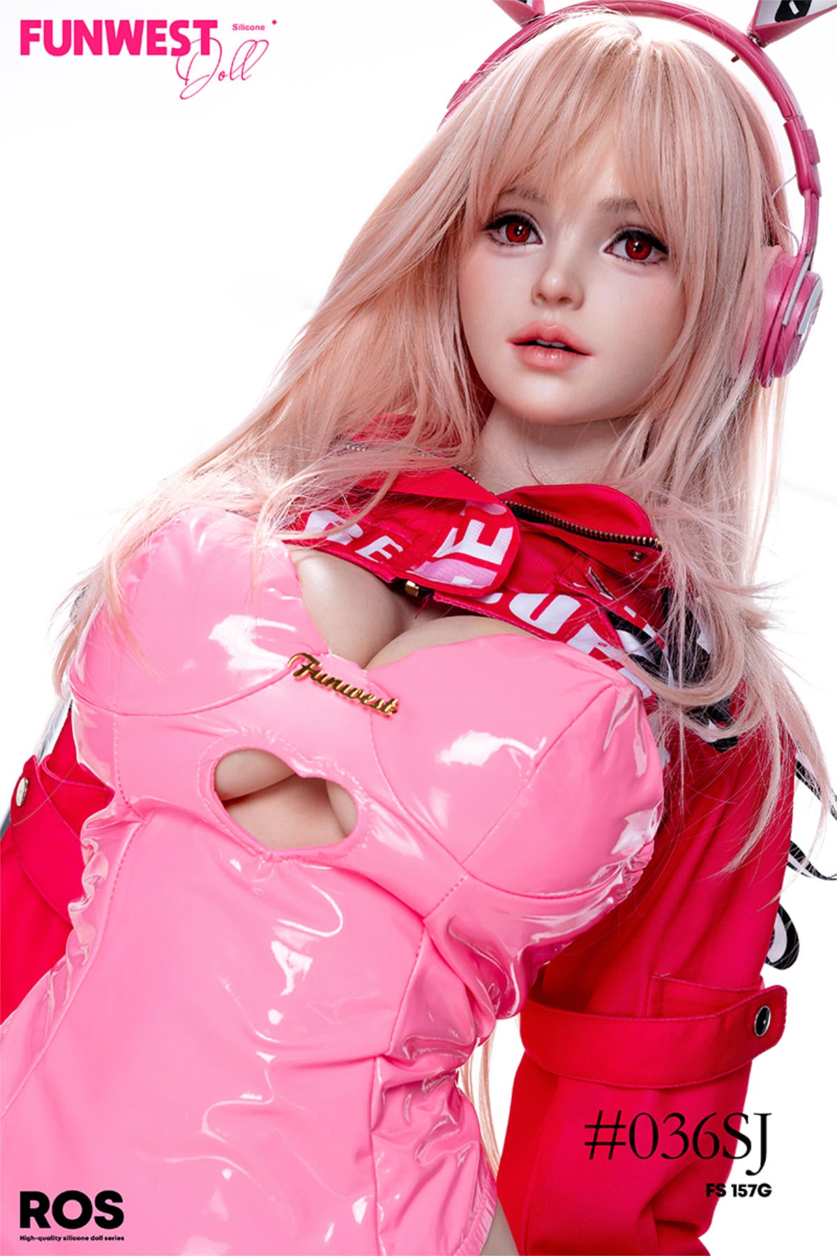FunWest Doll 157 cm G Silicone - White Lily (Real Skin Texture) wearing a pink outfit with cat ears with red short hoodie.