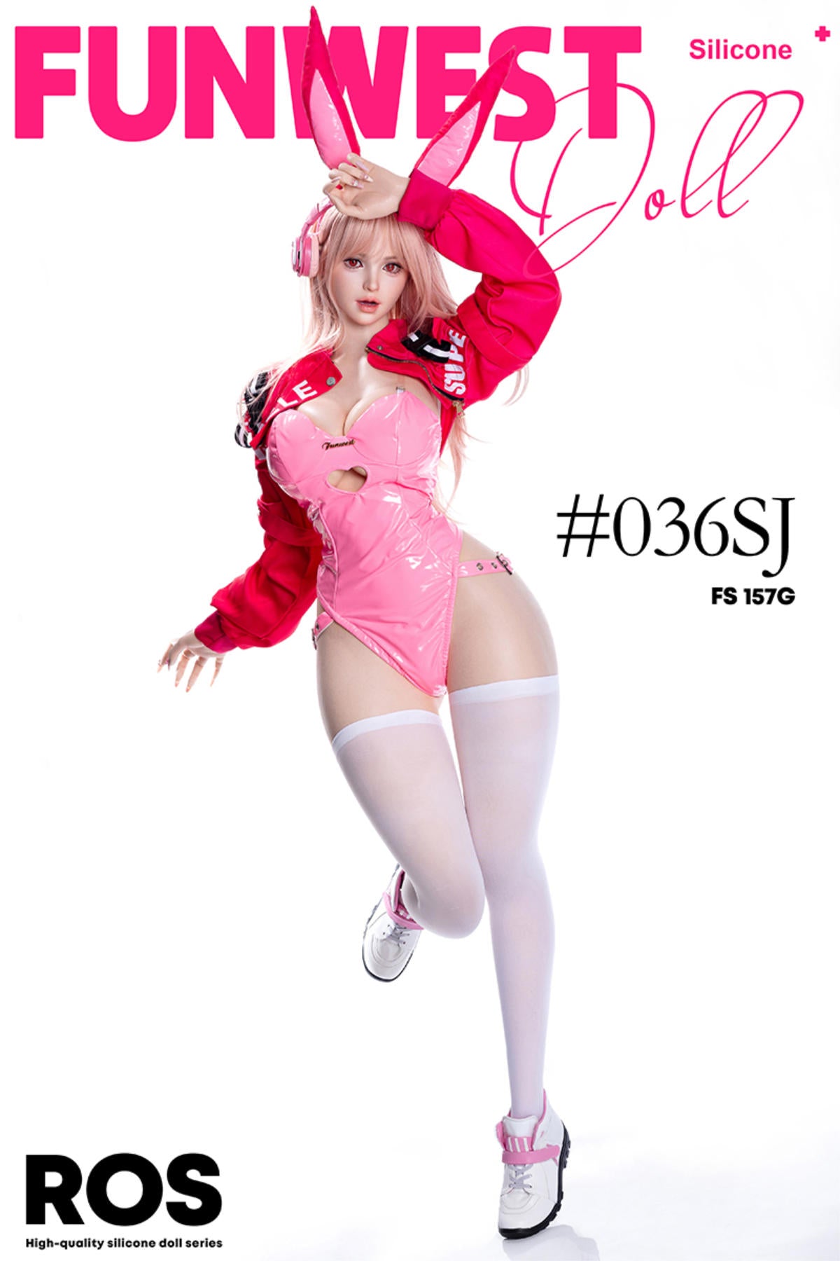 FunWest Doll 157 cm G Silicone - White Lily (Real Skin Texture) doll in pink outfit with red jacket and cat ears headphone.