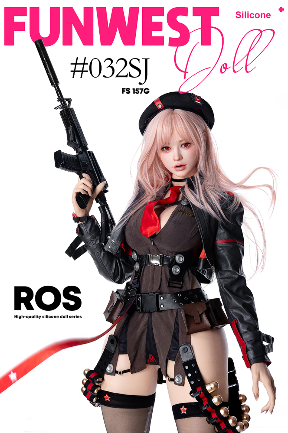 FunWest Doll 157 cm G Silicone - White Lucy (Real Skin Texture)  with pink hair and military-style outfit holding a rifle.