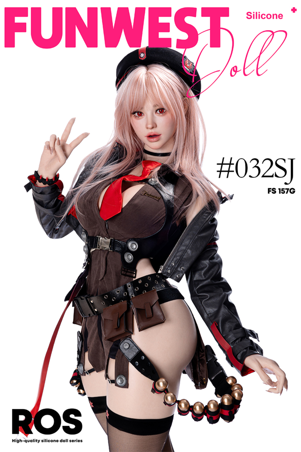 FunWest Doll 157 cm G Silicone - White Lucy (Real Skin Texture)  with a detailed outfit on a white background.