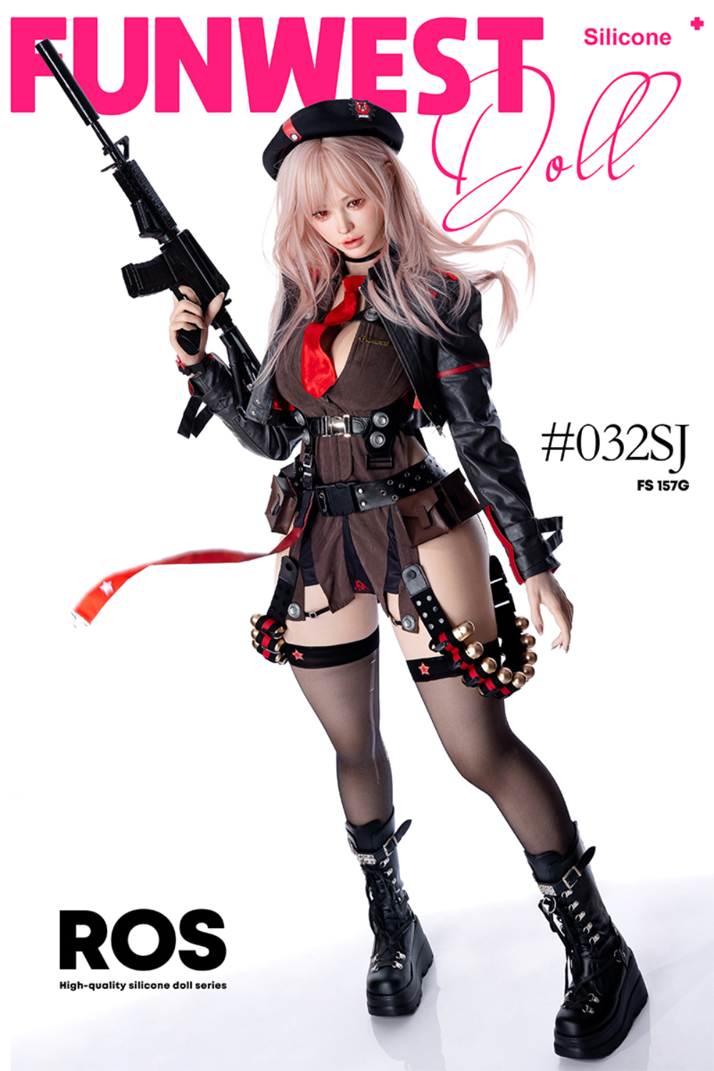 FunWest Doll 157 cm G Silicone - White Lucy (Real Skin Texture) in military-style outfit with gun.