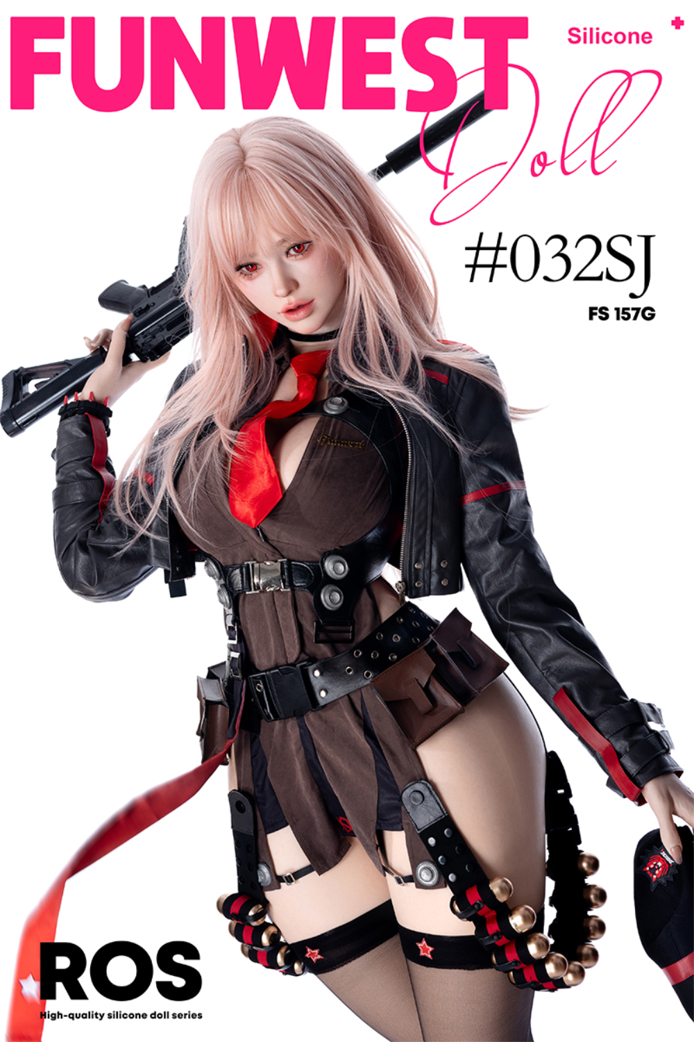 FunWest Doll 157 cm G Silicone - White Lucy (Real Skin Texture)  with pink hair and tactical outfit.