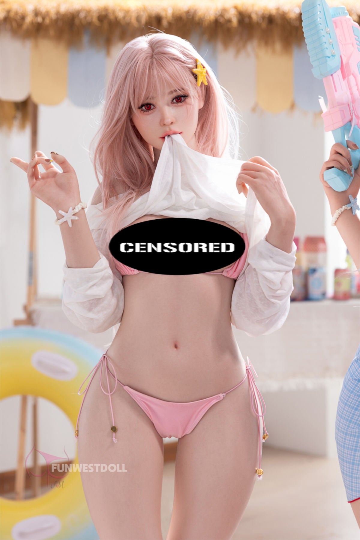 FunWest Doll 159 cm A Silicone - Lucy (Real Skin Texture) close-up in pink lace lingerie, playful hand gesture near her cheek, soft studio lighting