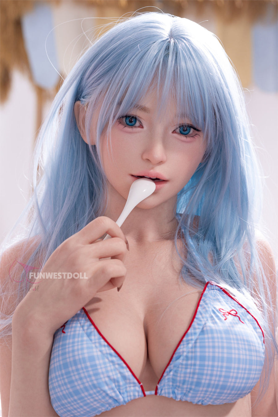 FunWest Doll 159 cm F Silicone - Alice (Real Skin Texture) close-up portrait, wavy light blue hair, holding a white lollipop near her lips, light blue checkered bikini top with red trim, tropical archway backdrop