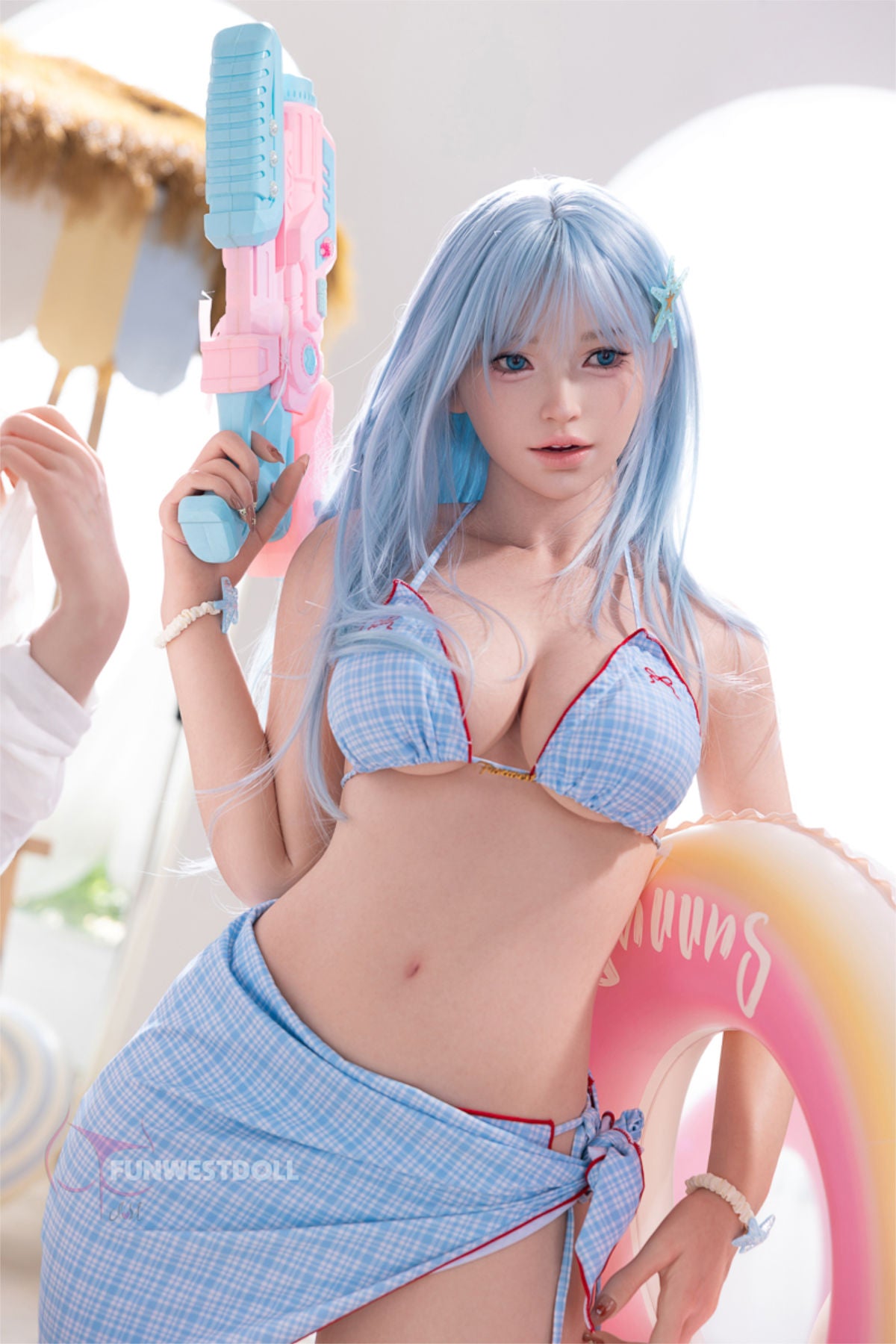 FunWest Doll 159 cm F Silicone - Alice (Real Skin Texture) close-up holding a rainbow swirl lollipop near her mouth, bikini top pulled aside, sarong wrap at her waist