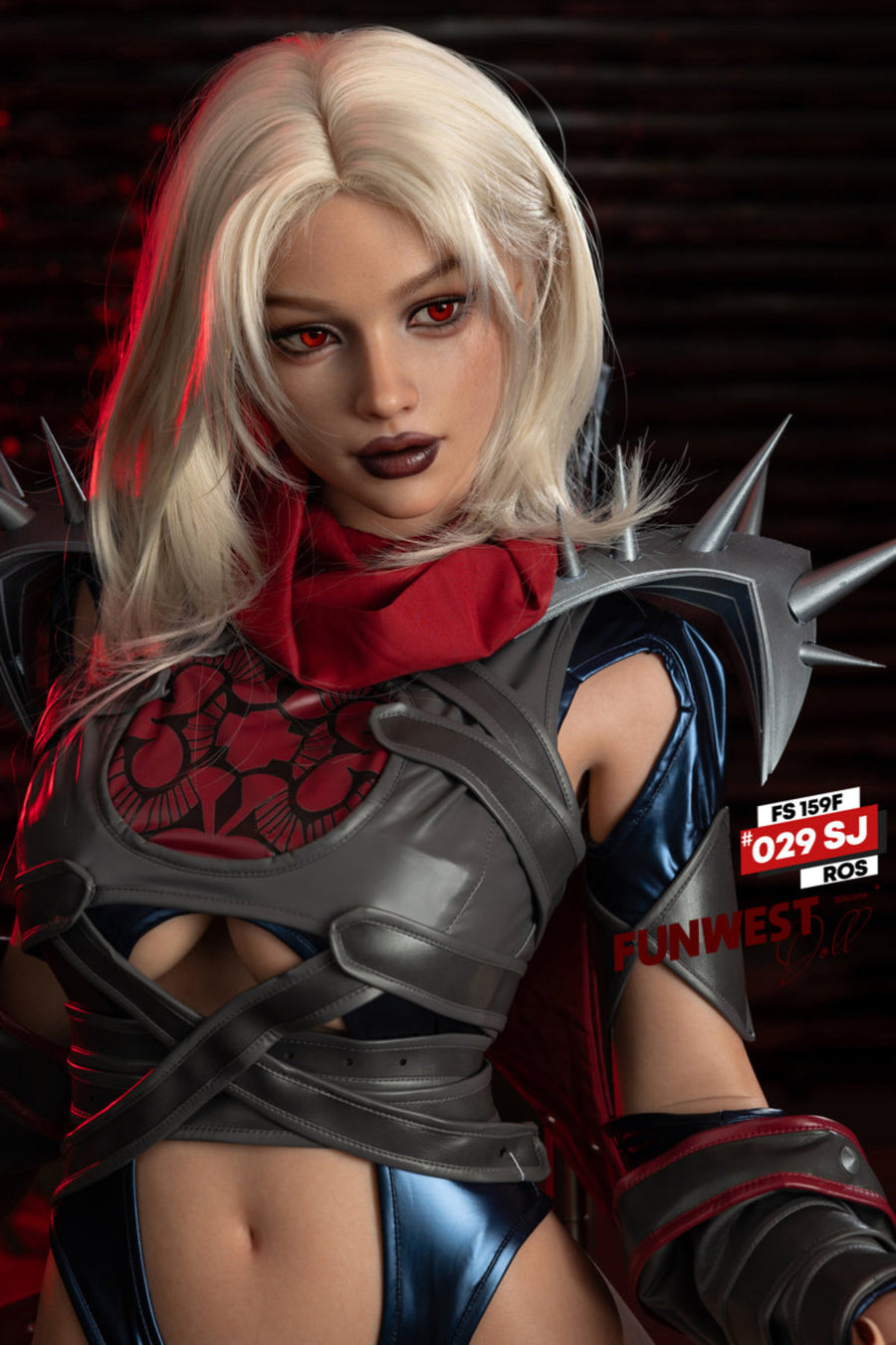 FunWest Doll 159 cm F Silicone - Sophiemina (Real Skin Texture) close-up upper body shot in black and red spider-themed costume with armor accessories and red scarf, short blonde hair, dark action background