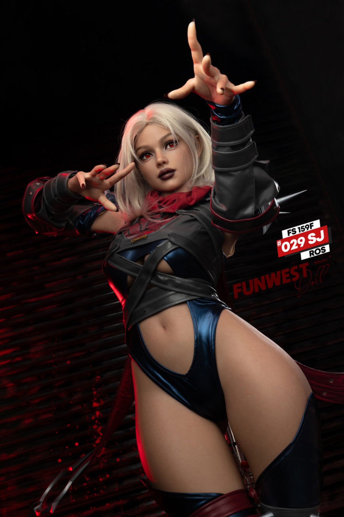 FunWest Doll 159 cm F Silicone - Sophiemina (Real Skin Texture) upper body side view in black and red spider-themed costume, short blonde hair, dark action background