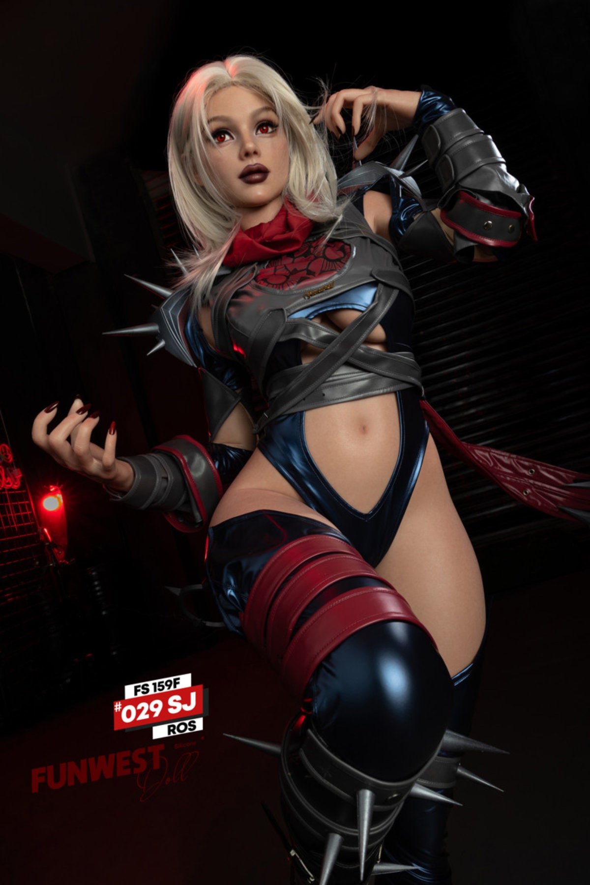 FunWest Doll 159 cm F Silicone - Sophiemina (Real Skin Texture) full body standing pose in black and red spider-themed costume with weapon prop, short blonde hair, dark action background