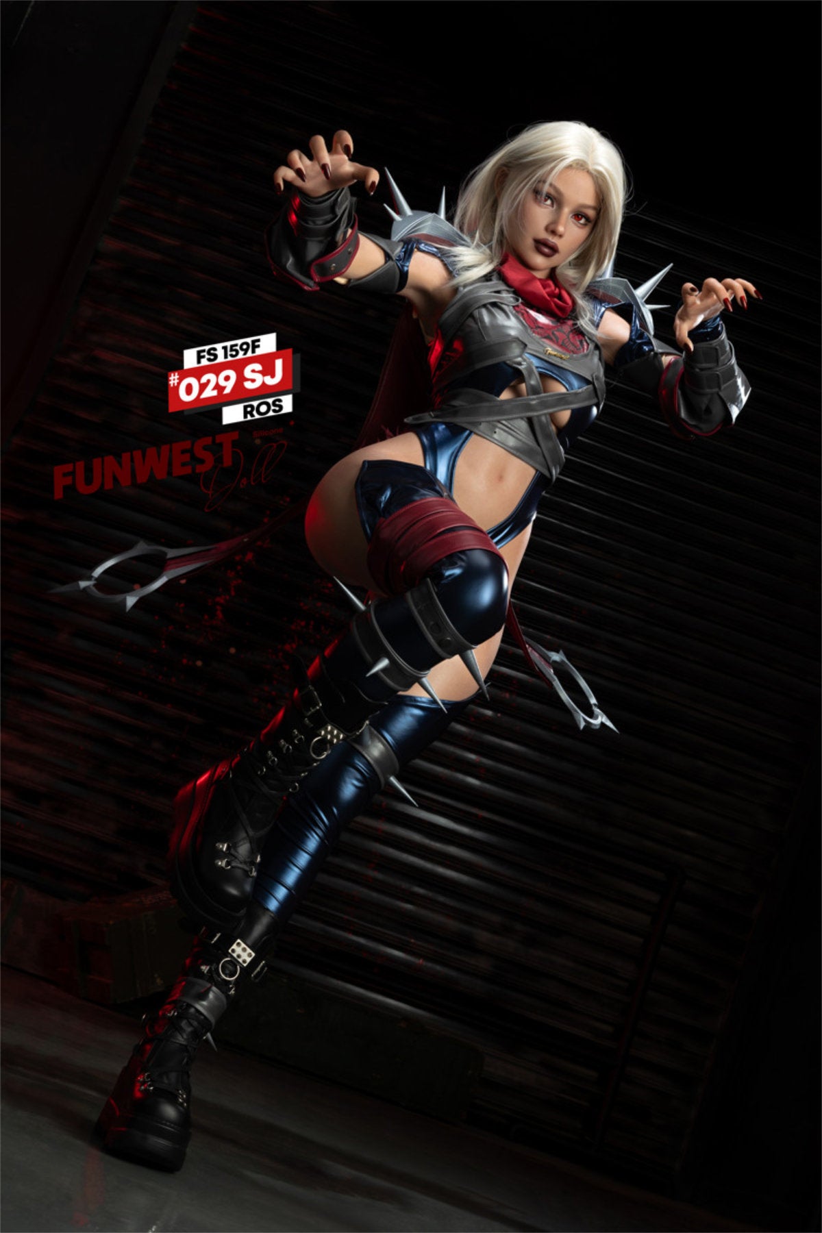 FunWest Doll 159 cm F Silicone - Sophiemina (Real Skin Texture) rear view in black spider-themed thong costume, short blonde hair, dark action background