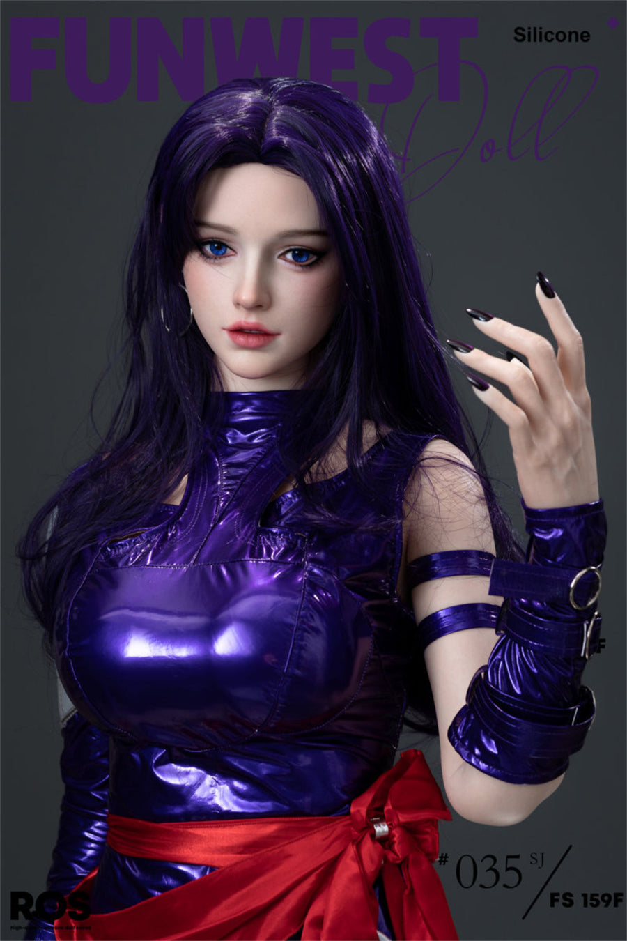 FunWest Doll 159 cm F Silicone - White Chloe close-up upper body shot in purple latex bodysuit with red sash, long dark hair, dark action background