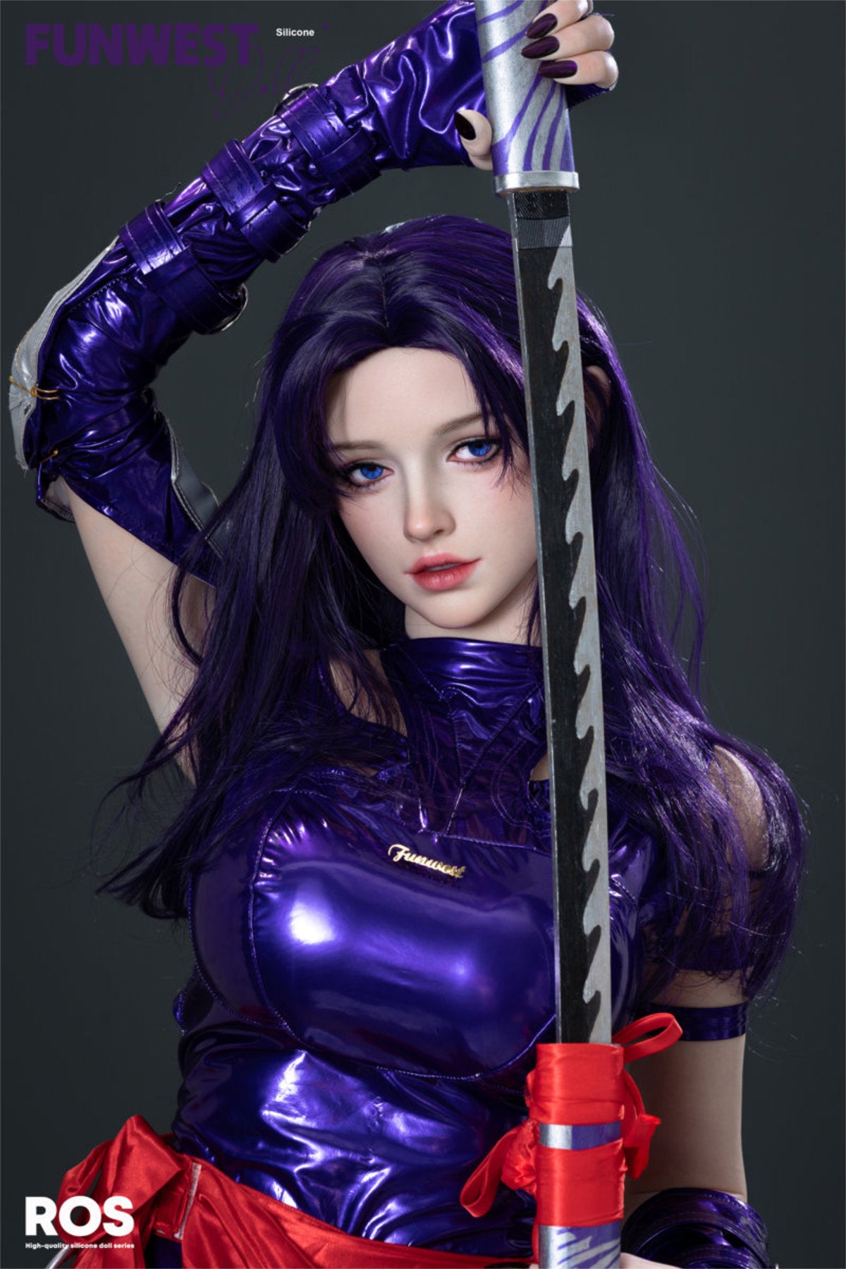 FunWest Doll 159 cm F Silicone - White Chloe three-quarter view in purple latex bodysuit with red sash, long dark hair, dark action background