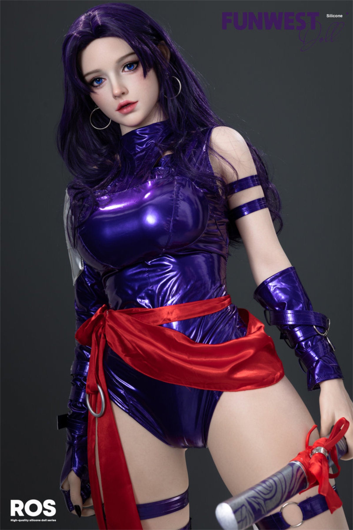 FunWest Doll 159 cm F Silicone - White Chloe rear view in purple latex bodysuit with red sash, long dark hair, dark action background