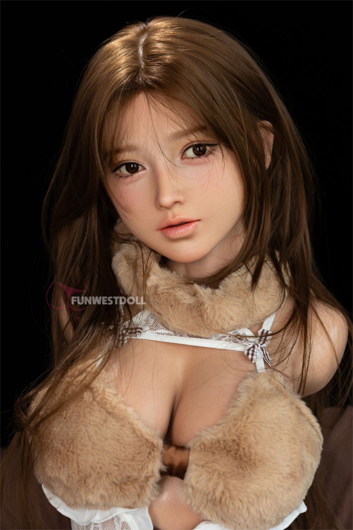 Realistic FunWest Doll 95 cm D FWT Series Silicone Torso - Amy with brown hair and fur-like texture outfit.