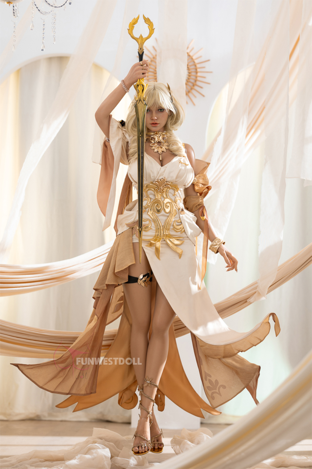 FunWest Doll 157 cm G Silicone - Bella (Real Skin Texture) wearing a goddess outfit with a sword.