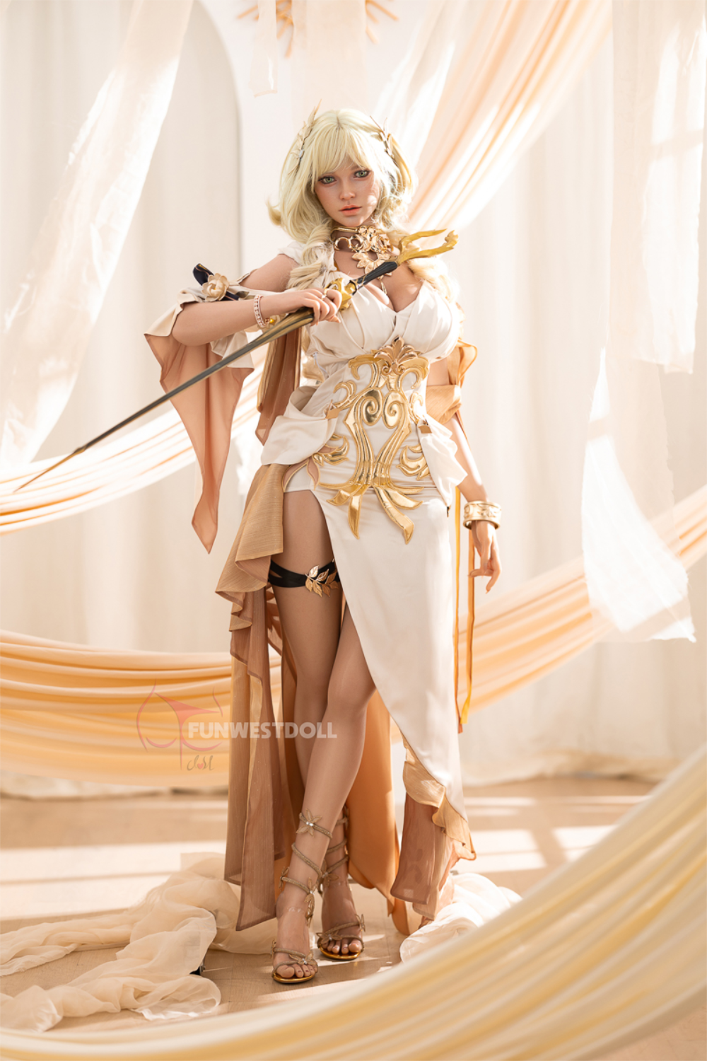 FunWest Doll 157 cm G Silicone - Bella (Real Skin Texture) in elaborate costume with sword standing against a draped curtain background