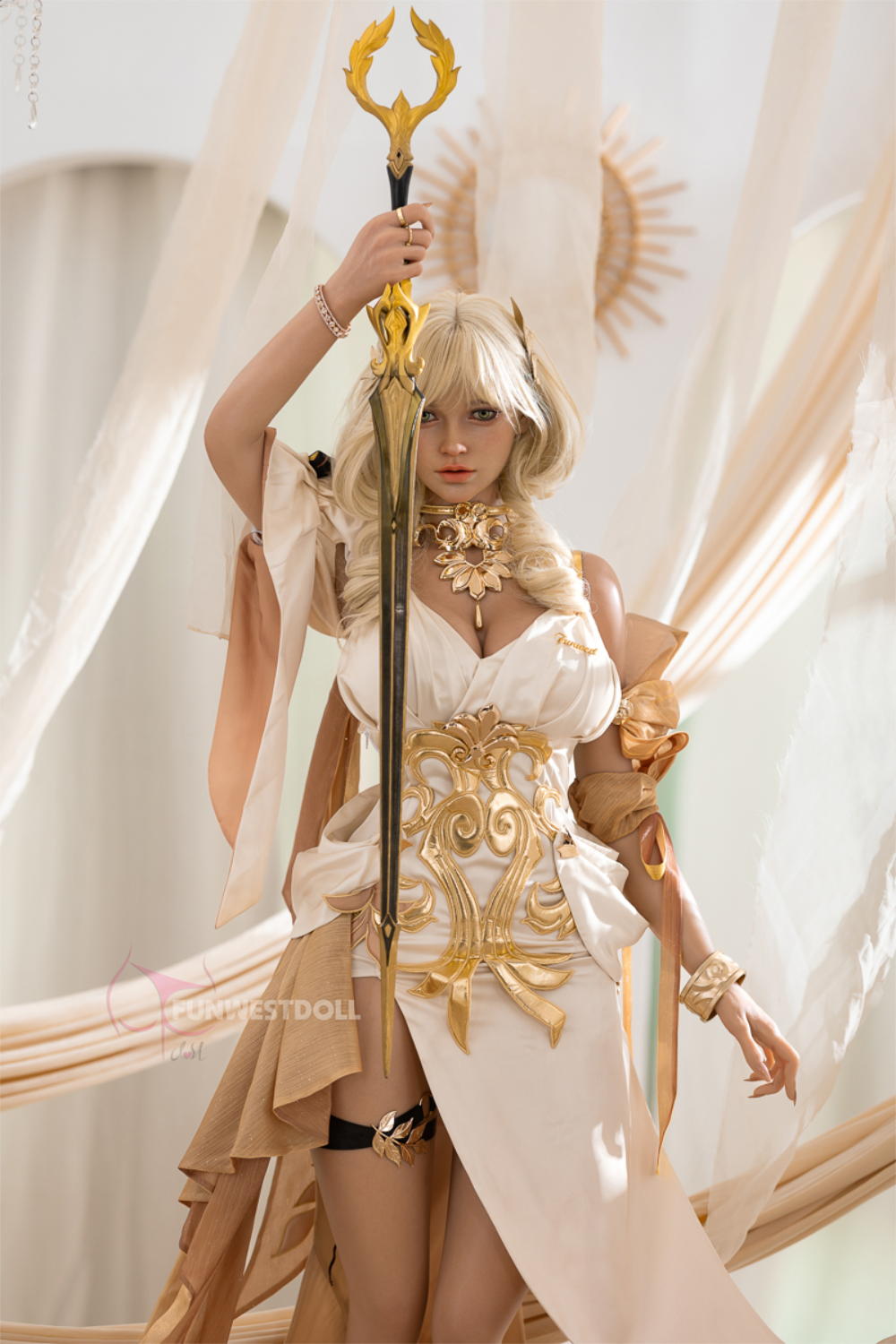 FunWest Doll 157 cm G Silicone - Bella (Real Skin Texture) in a detailed costume holding a staff with a decorative top, against a light background.