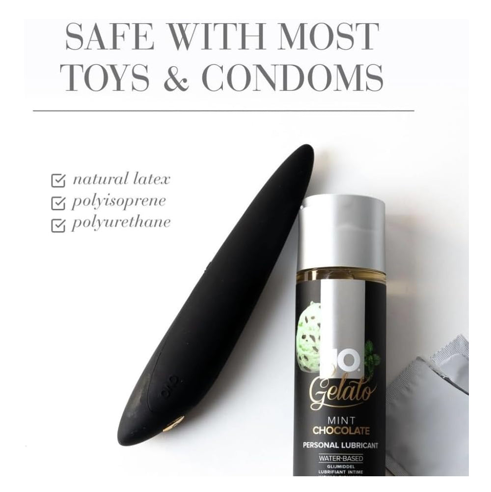 Black toy and bottle of gelato mint chocolate personal lubricant on a white background with text about safety.