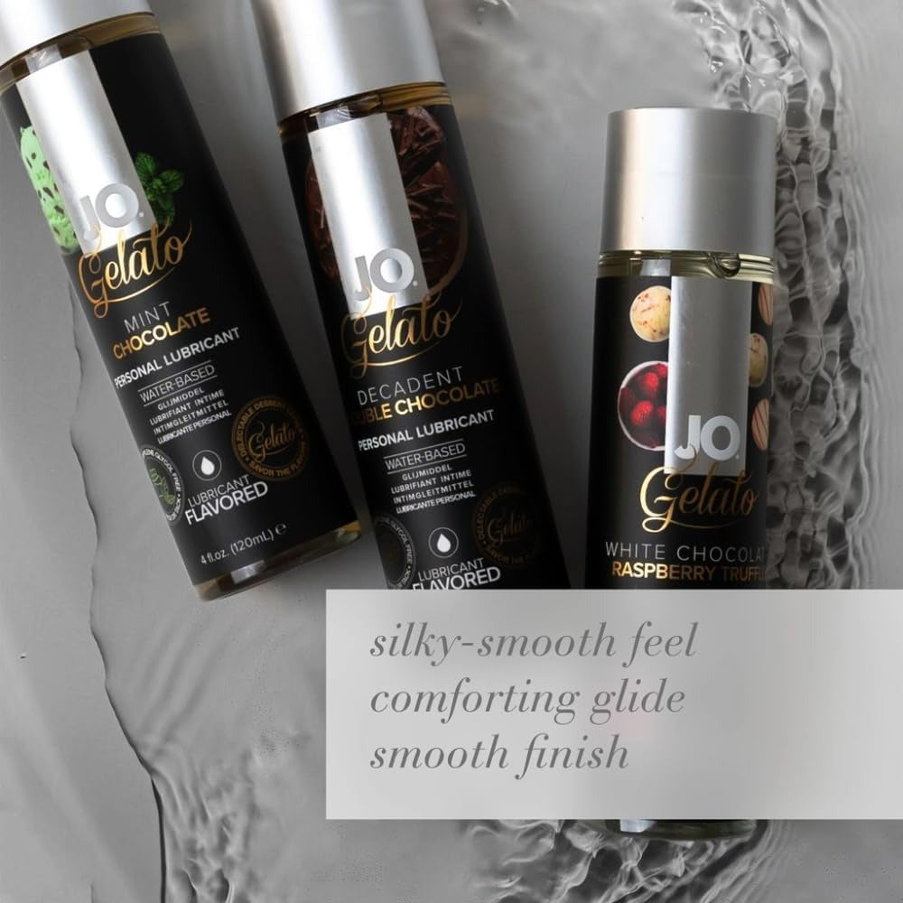 Three bottles of JO Gelato lubricant on a textured gray background