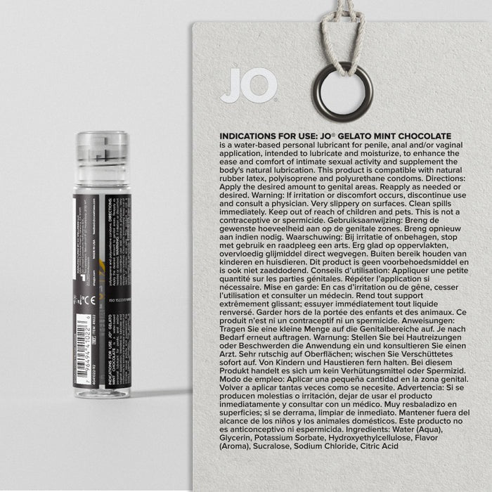 JO gelato mint chocolate personal lubricant with packaging and instructions on a gray background