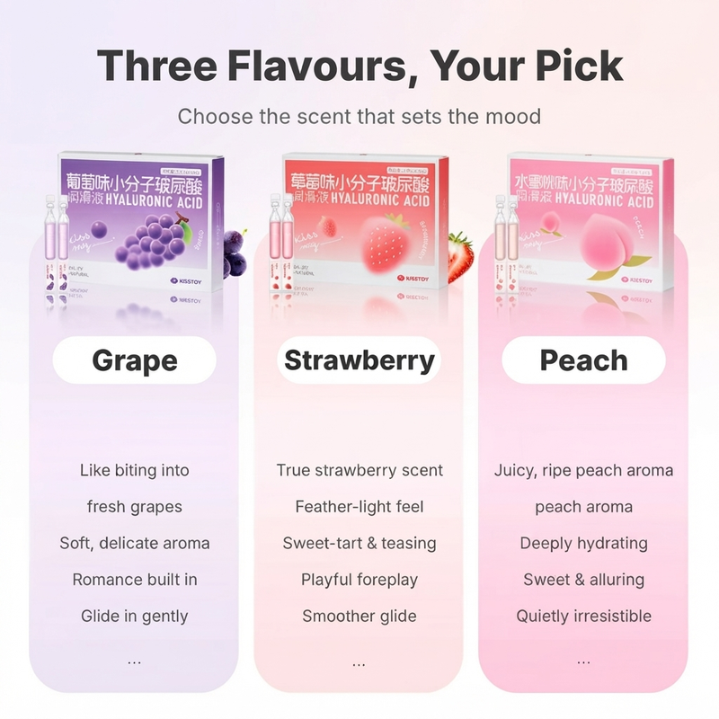Three Flavours, Your Pick graphic highlighting the grape box with purple grapes and a vial