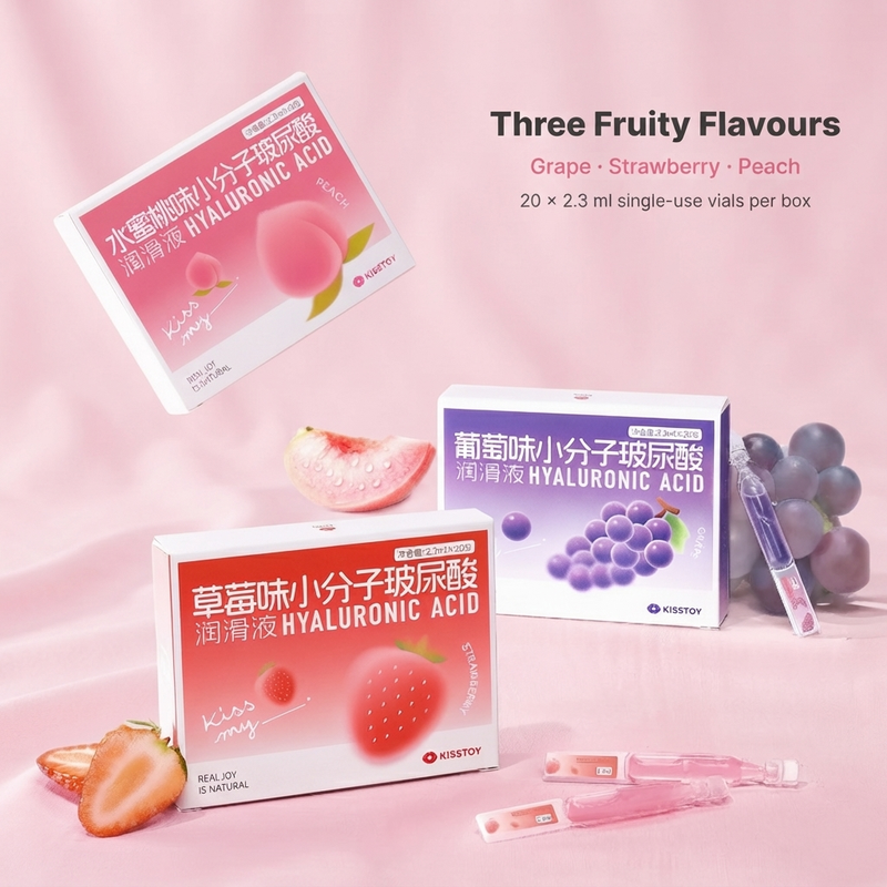 Three Fruity Flavours graphic showing grape, strawberry and peach lube boxes with fresh fruit