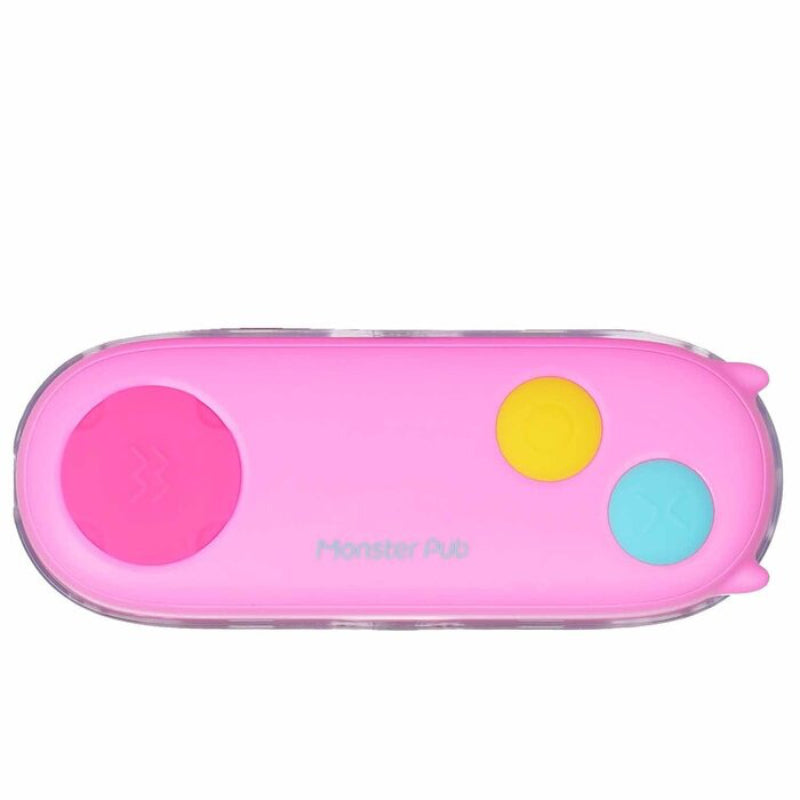 Pink remote control device with rounded buttons and smooth compact design
