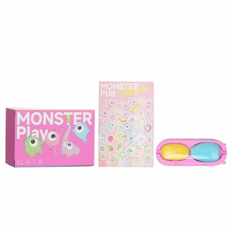 Monster Play product box with colorful design and matching pink device inside
