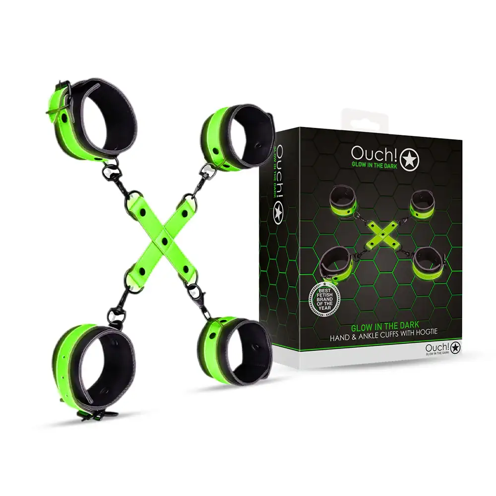 SHOTS Ouch! Hand and Ankle Cuffs with Hogtie Glow in the Dark adjustable restraint set with integrated hogtie connector Singapore