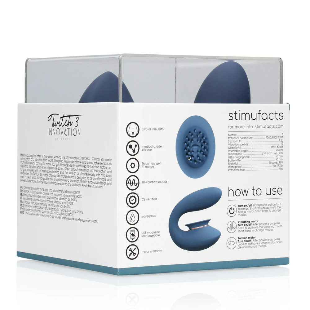 SHOTS - Twitch 3 Rechargeable Vibrator and Suction - Blue/Grey