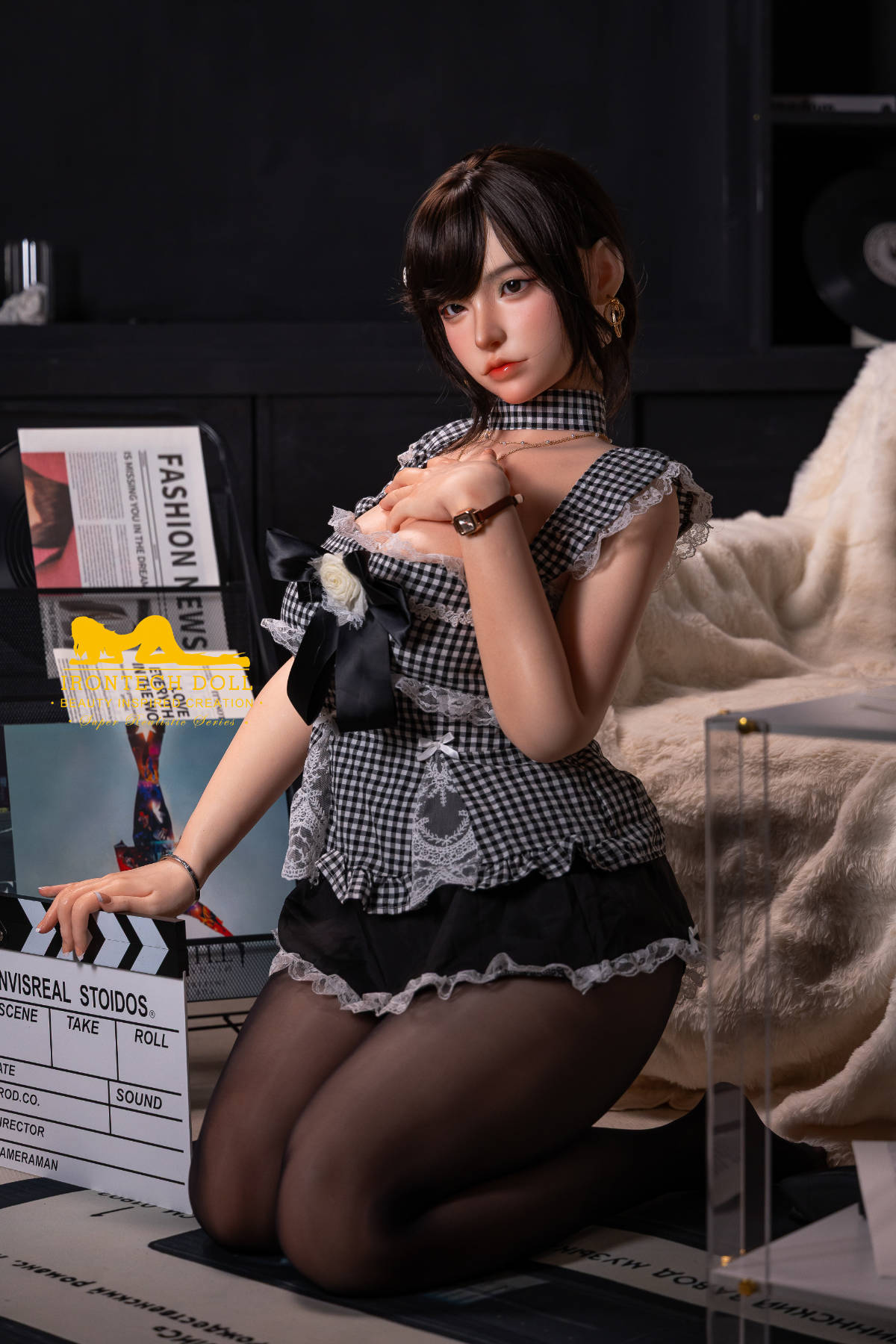 Irontech 165T E Young Series Silicone - Mio – kneeling in a gingham dress and black stockings