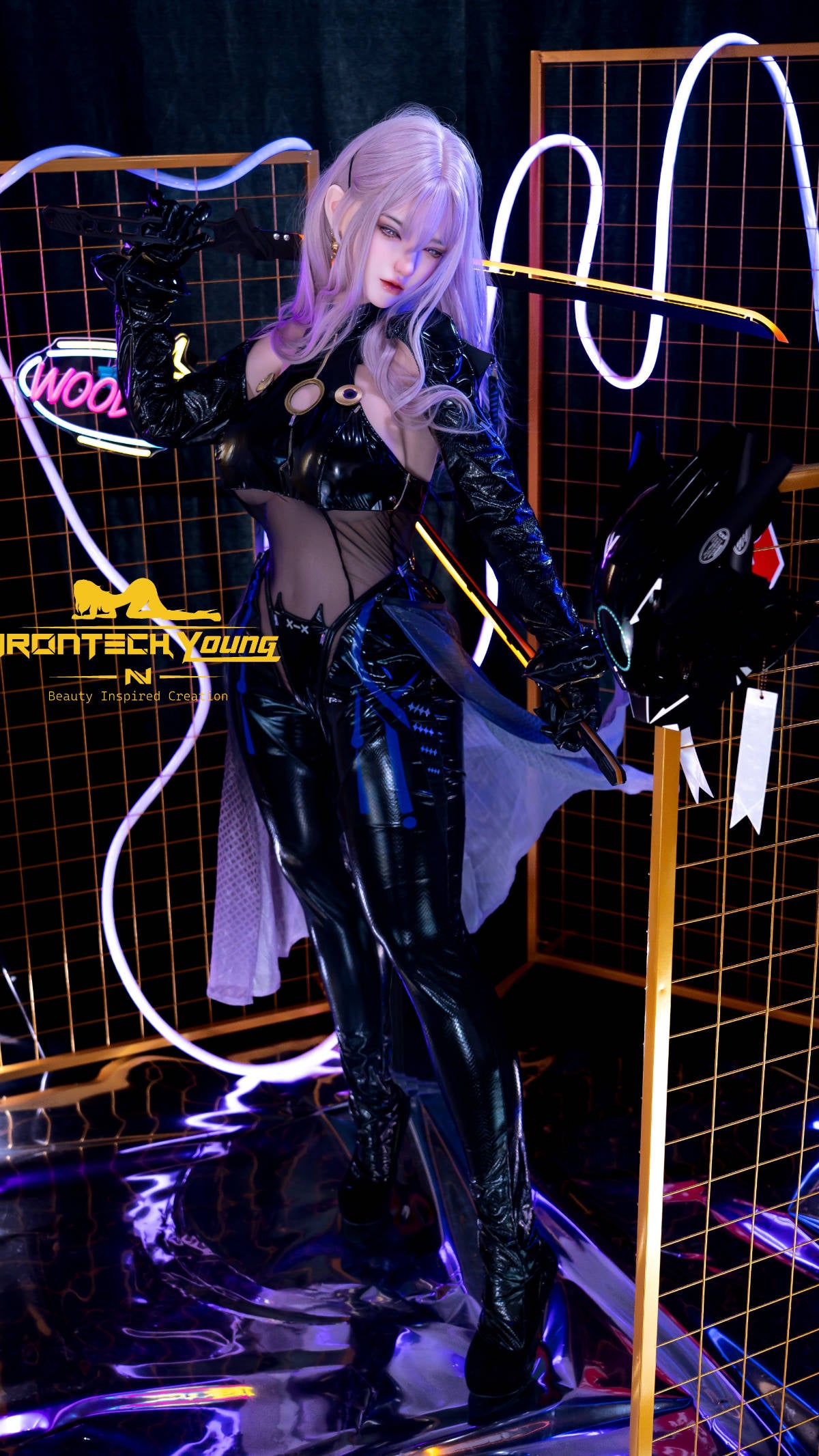 Irontech 165T E Young Series Silicone - Zia – full-length standing pose in head-to-toe black latex, set in a vibrant cyberpunk scene