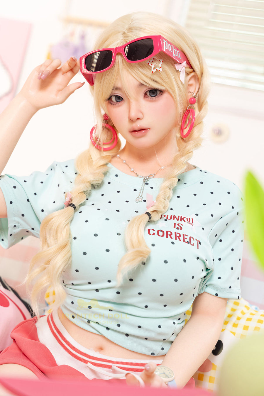 Irontech Doll 148 cm Plus B Silicone - Xia Ying full body standing pose in light blue polka dot crop jacket and pink skirt with pink sunglasses and blonde twin buns, bright kawaii bedroom background