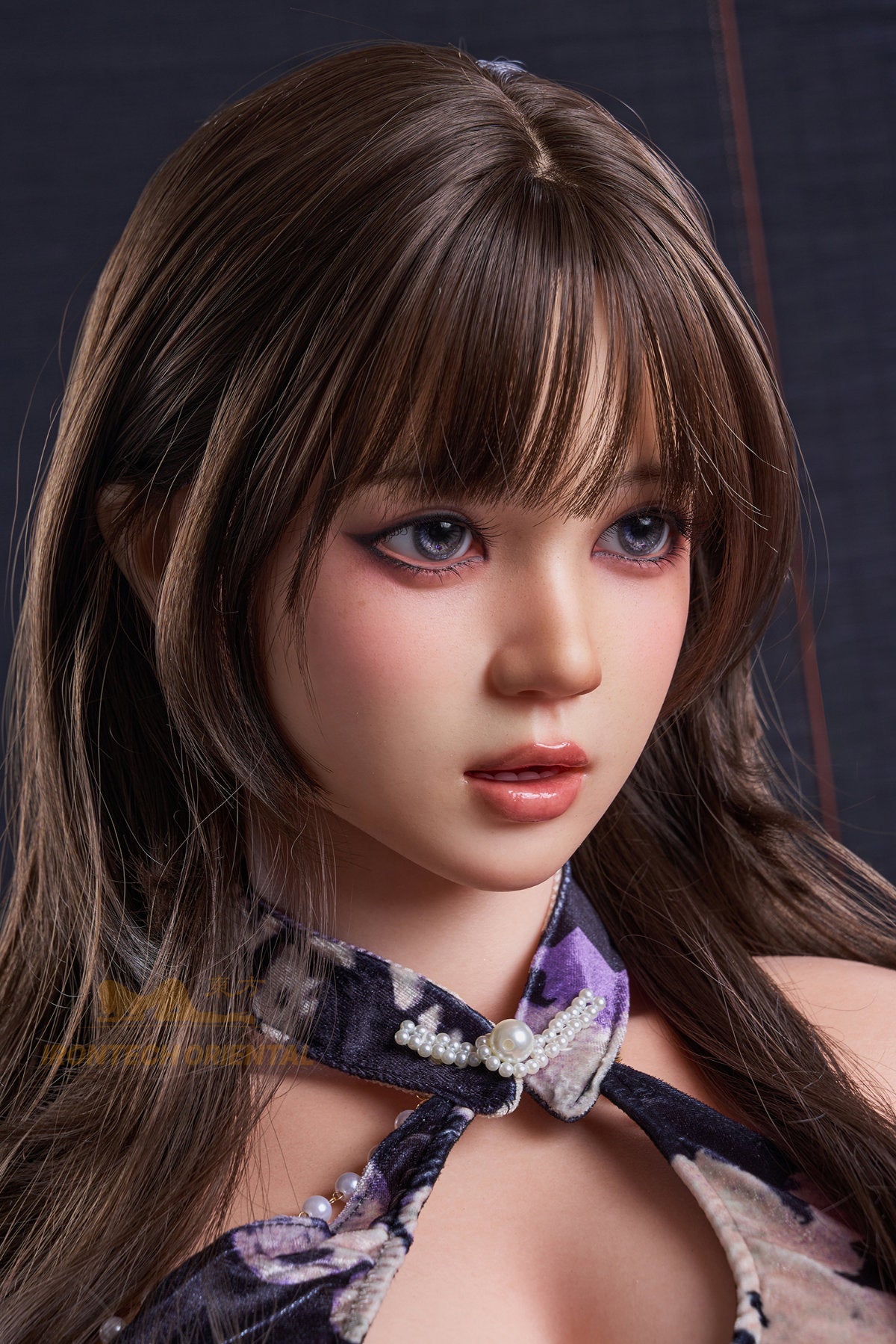 Irontech Doll 161 CM F Oriental Series Silicone - Nia V3 full body front standing view in blue floral qipao dress, highlighting realistic 161cm silicone figure proportions with long dark wavy hair
