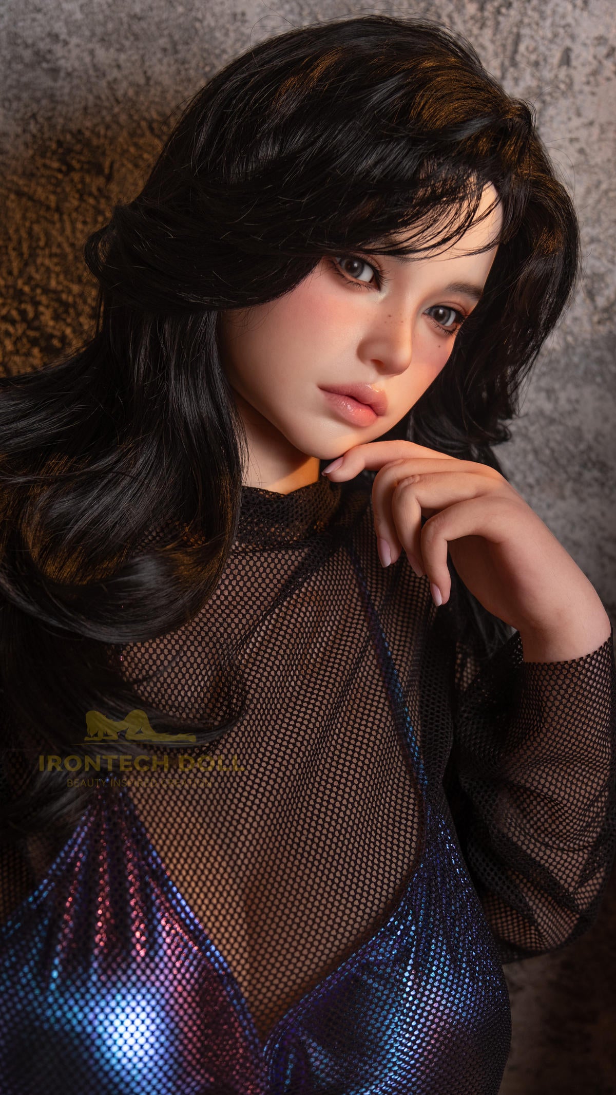 Irontech Doll 164LN BBW Silicone - Eileen V2 – long dark wavy hair, sheer mesh top over metallic blue bikini