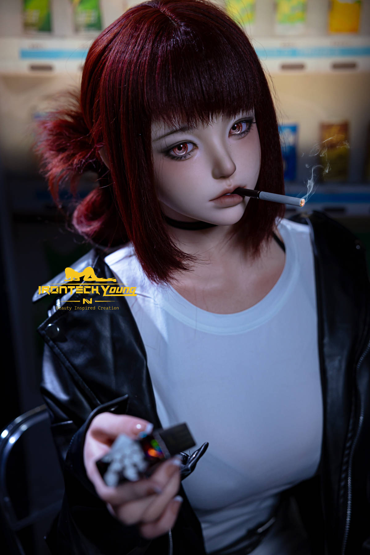 Irontech Doll 171 cm D Young Series Silicone - Ria – burgundy bob with bangs, white tee and black leather jacket, holding a lighter