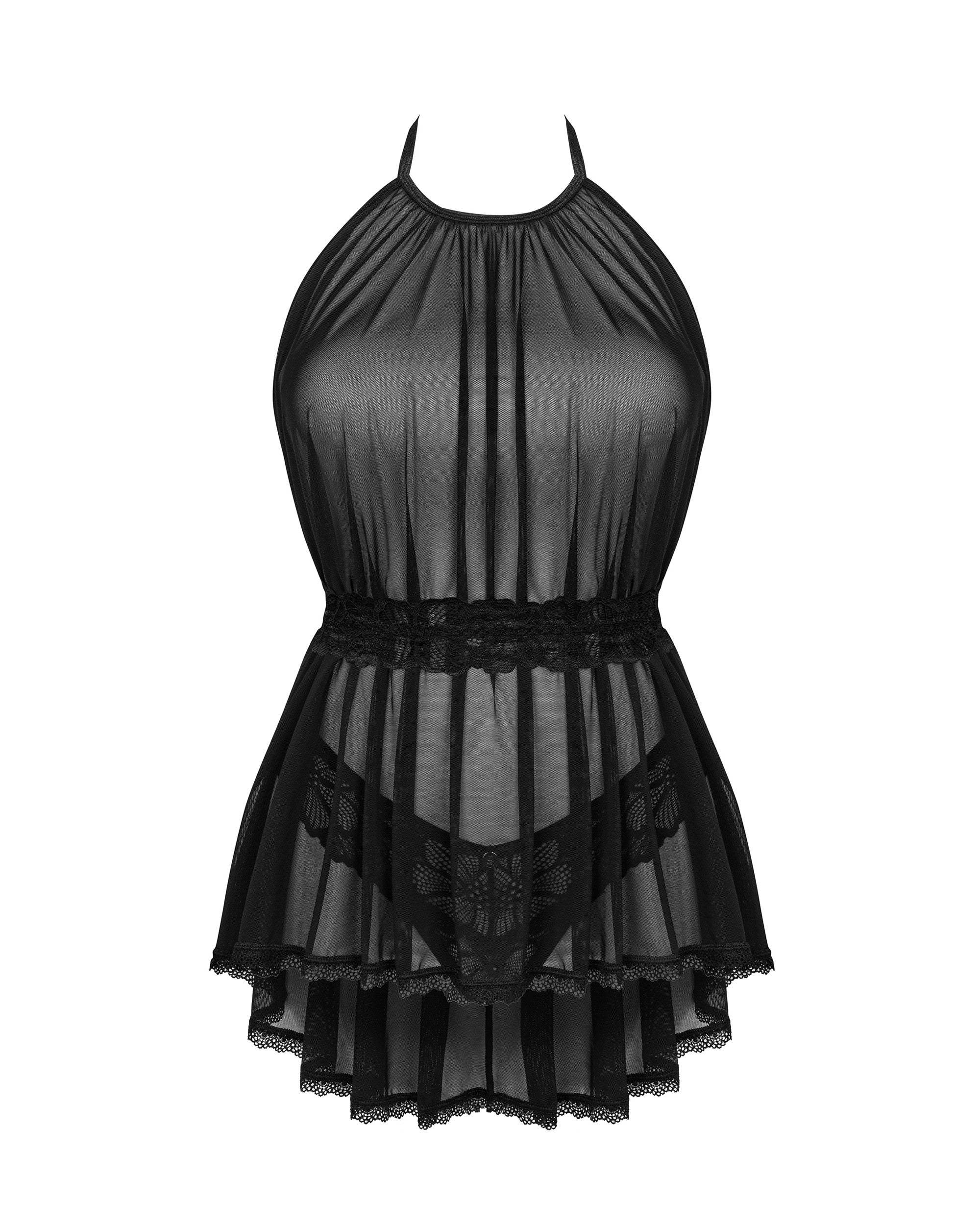 Babydoll - 3 Pcs Black Mesh Semi-Transparent Sleepwear with Belt and G-String - Frisky Business Adult Sex Toys Shop