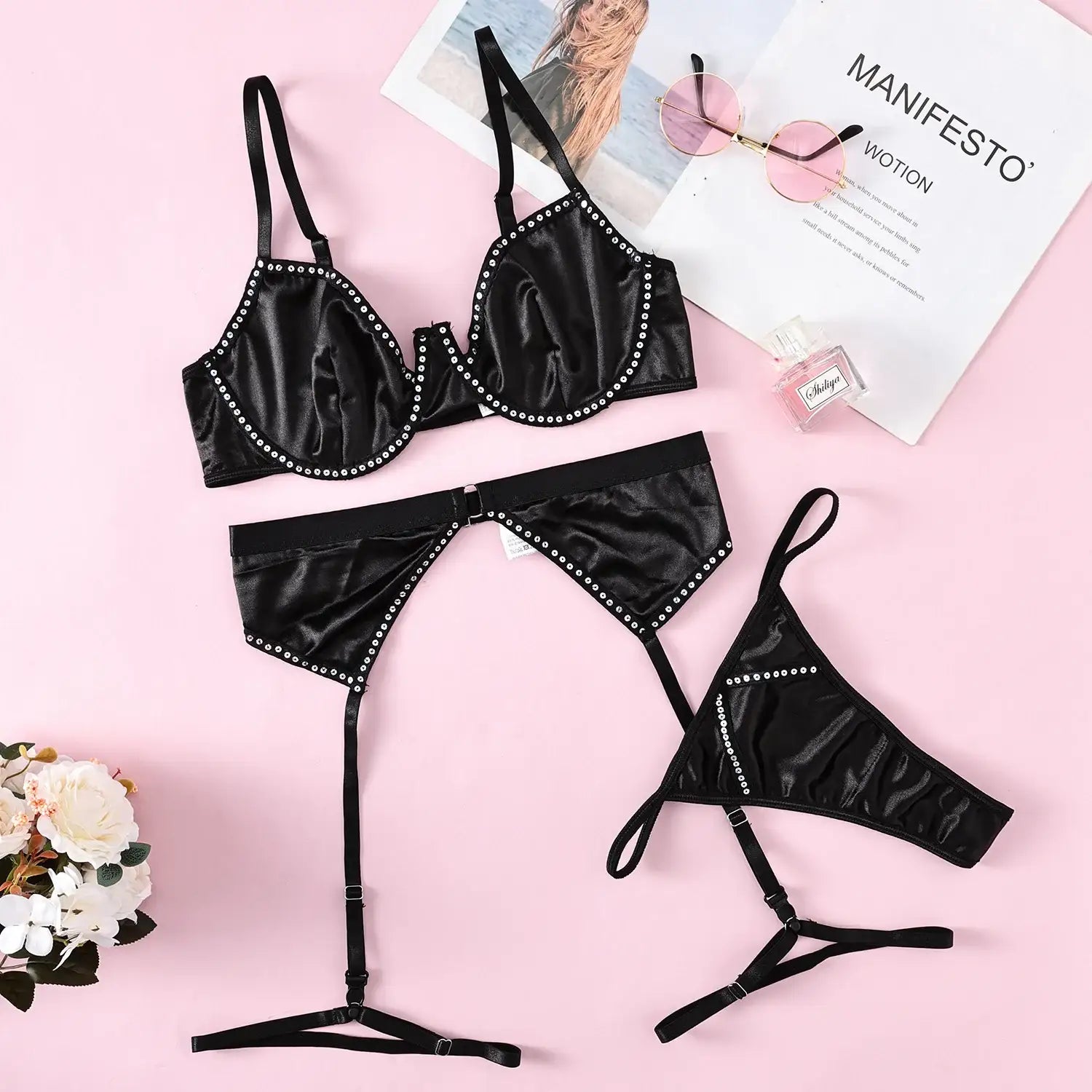 Bra Set - 3 Pcs Black Shining Lingerie Set with Garter - Frisky Business Adult Sex Toys Shop