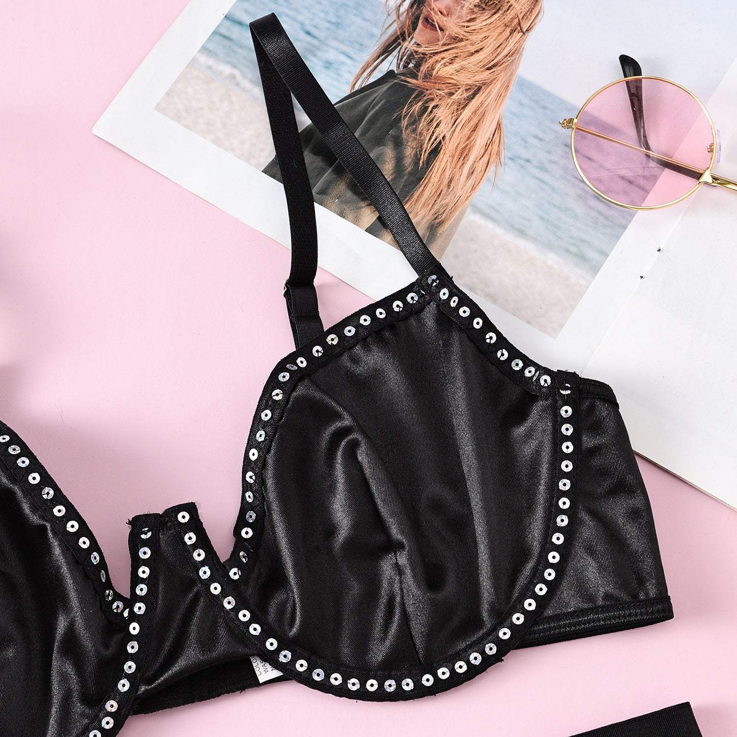 Bra Set - 3 Pcs Black Shining Lingerie Set with Garter - Frisky Business Adult Sex Toys Shop