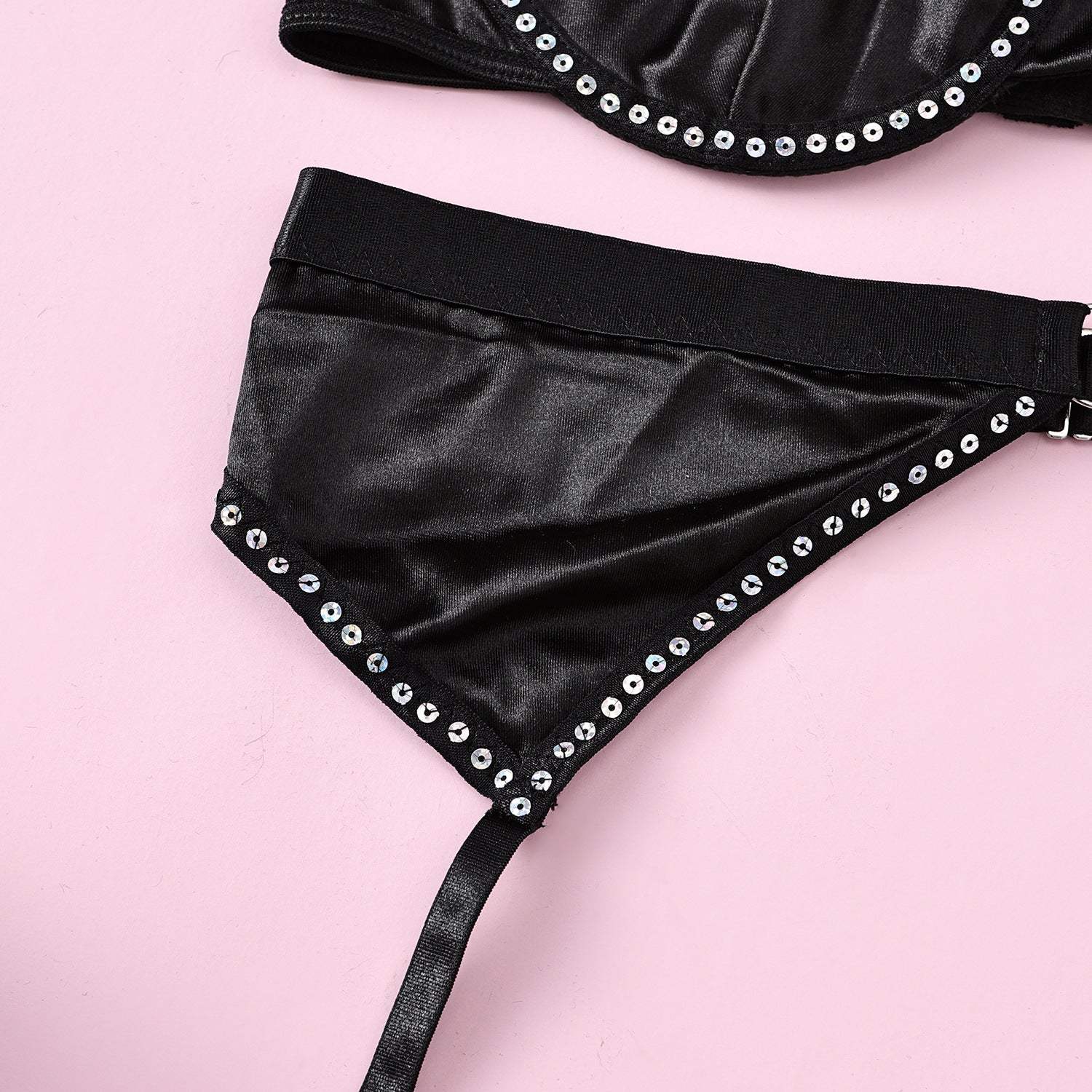Bra Set - 3 Pcs Black Shining Lingerie Set with Garter - Frisky Business Adult Sex Toys Shop