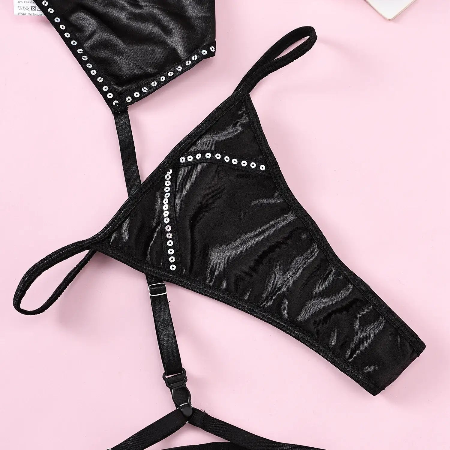Bra Set - 3 Pcs Black Shining Lingerie Set with Garter - Frisky Business Adult Sex Toys Shop