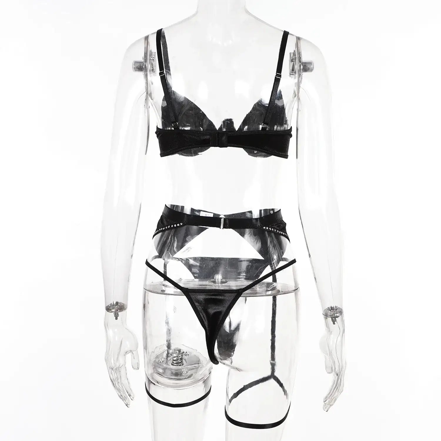 Bra Set - 3 Pcs Black Shining Lingerie Set with Garter - Frisky Business Adult Sex Toys Shop