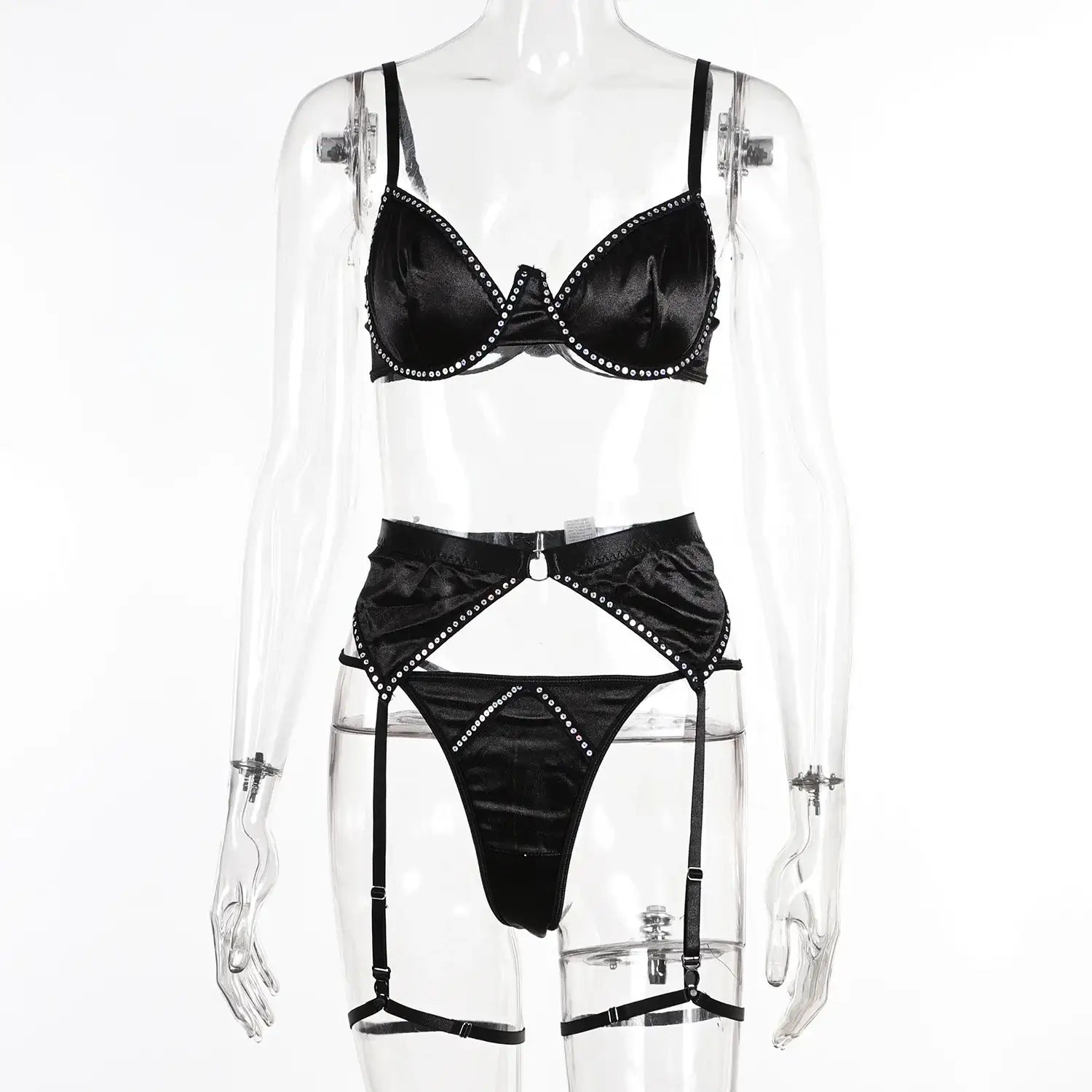 Bra Set - 3 Pcs Black Shining Lingerie Set with Garter - Frisky Business Adult Sex Toys Shop