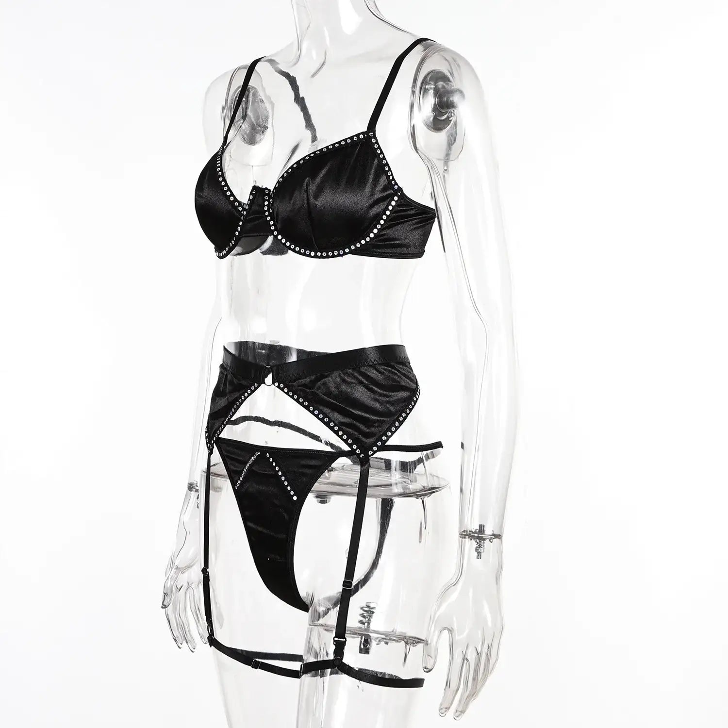 Bra Set - 3 Pcs Black Shining Lingerie Set with Garter - Frisky Business Adult Sex Toys Shop